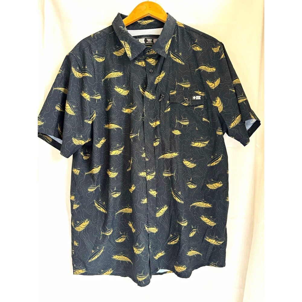 Salty Crew Technical Woven Button-Down Shirt Mens 2XL Black Gold Tuna Fish Print
